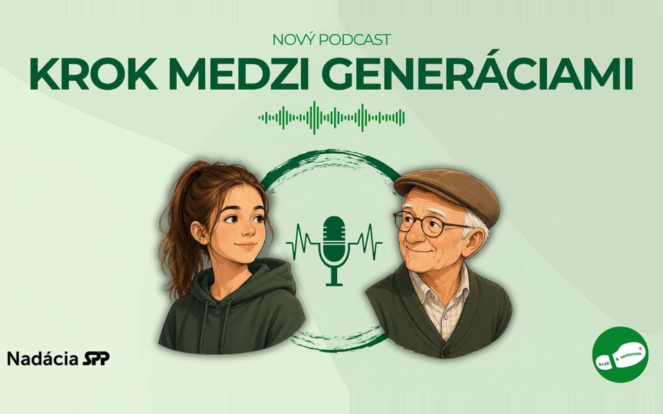 Cover art for the podcast Krok medzi generáciami: an illustration of a young woman and an older man with a microphone between them.