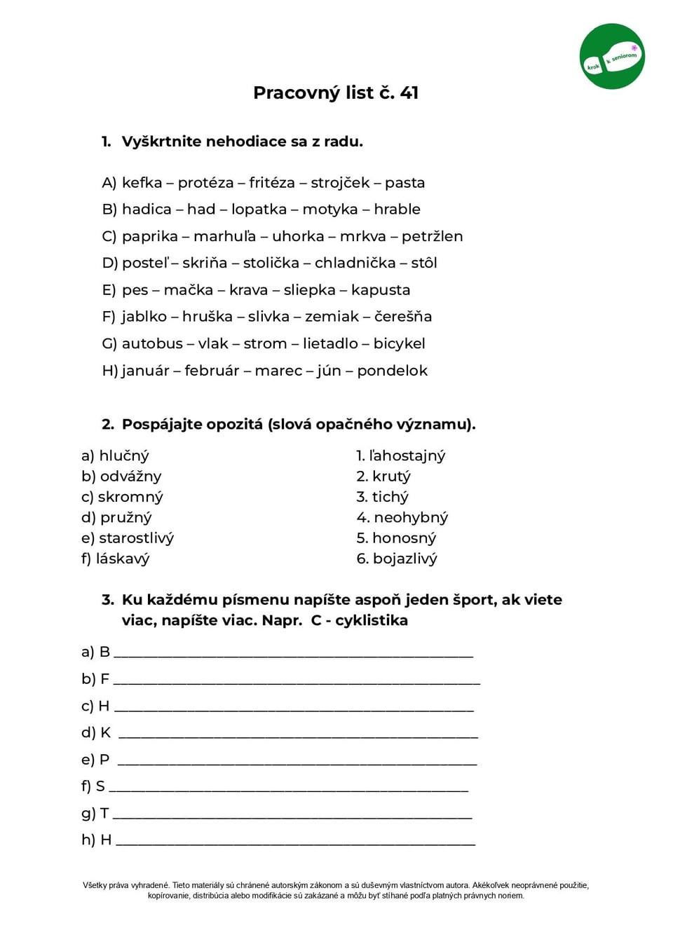 First page of a worksheet, with tasks for practising memory.